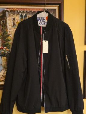 Men's Black Bomber Jacket with Red and White Stripe Detail
